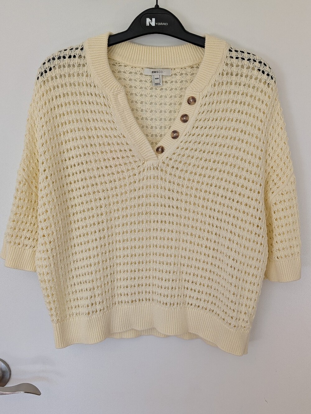 RW&CO. Cream Open Knit V‑Neck Sweater with Brown Buttons